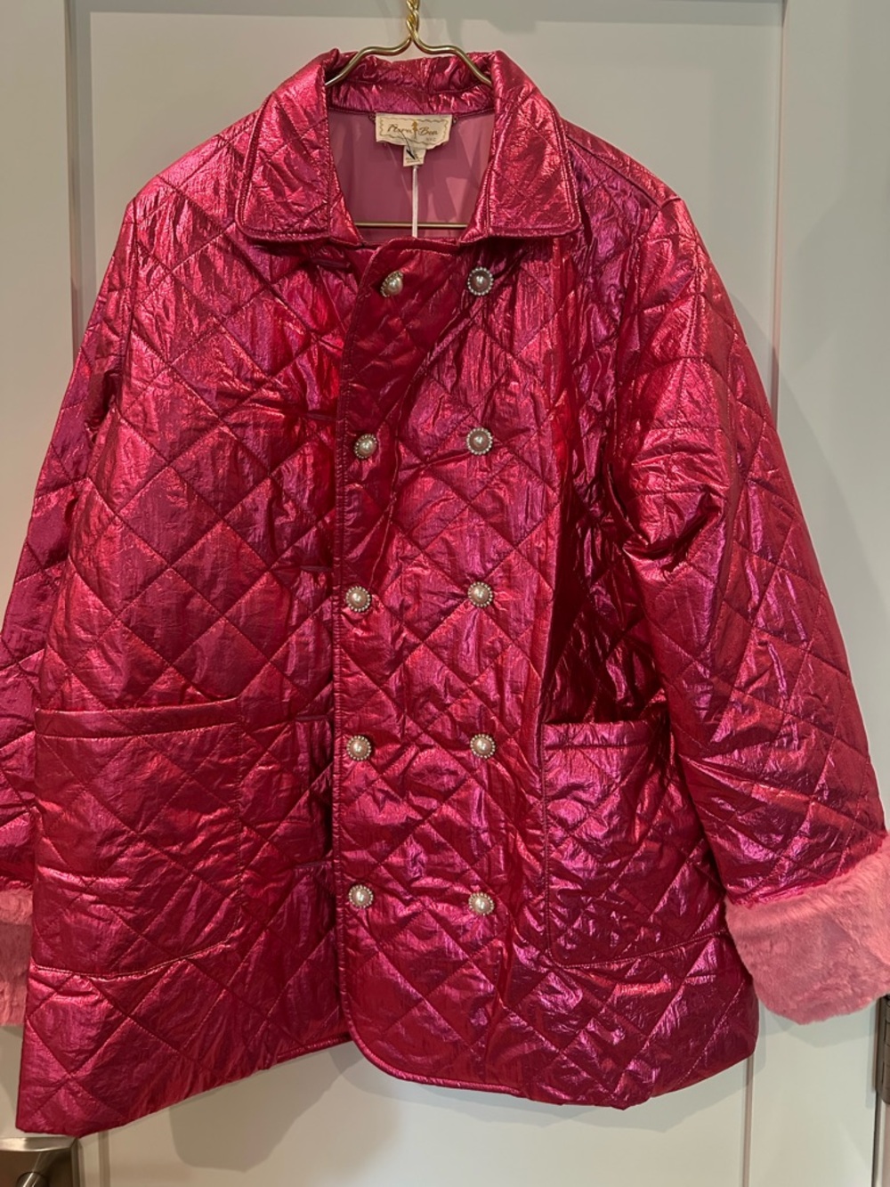 Flora Bea NYC - XL Pink Quilted Metallic Coat with Faux Fur Cuffs NWT - Picture 3 of 10